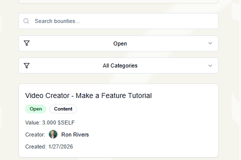 Bounty board showing open bounties, payment amounts, and bid activity