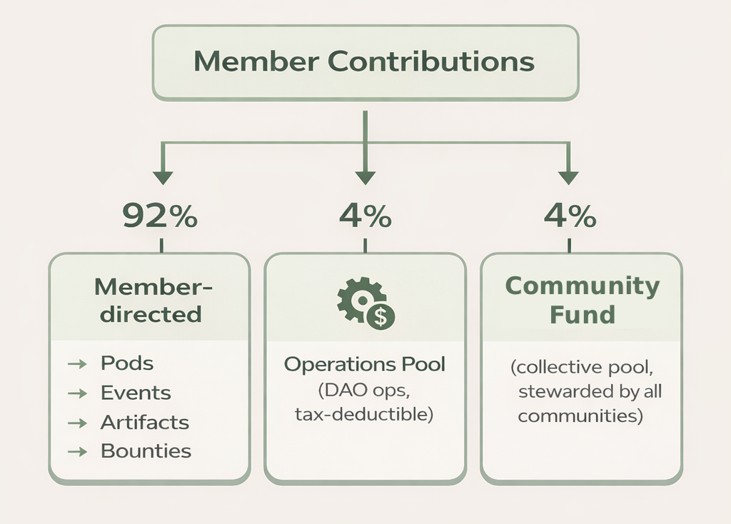 Donation flow diagram showing how member contributions are split: 92% directed by the member to pods, events, artifacts, and bounties; 4% to the Operations Pool; 4% to the Community Fund.