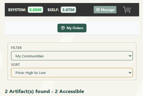 Marketplace showing token-gated artifacts and goods with dual-token pricing and a cart