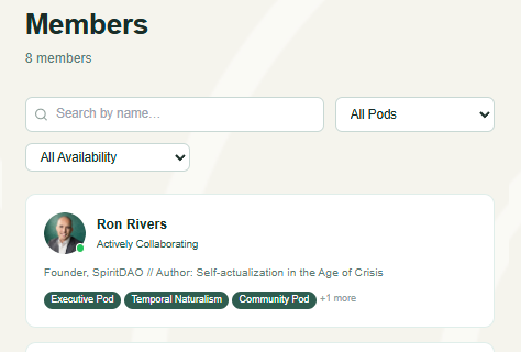 Members directory showing member profiles, roles, and participation credentials