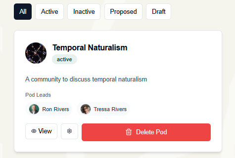 Pod directory showing active pods, member counts, and treasury balances